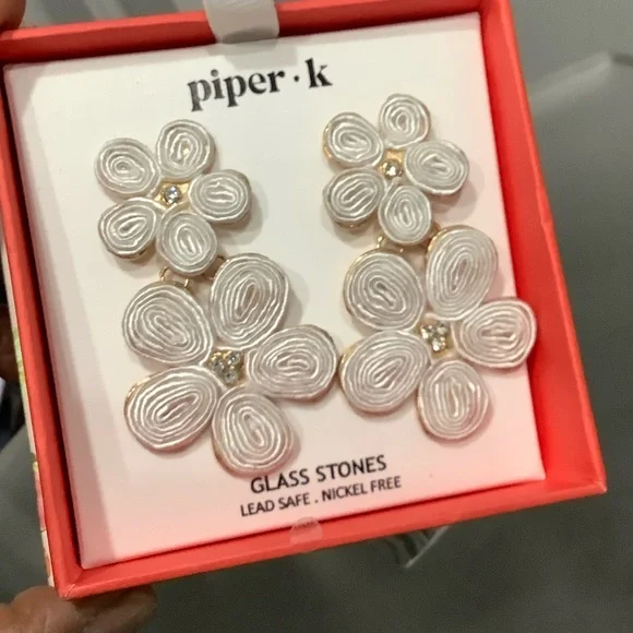 Piper Flower Earrings, Glass Stones, Ivory, Gold Trim, Pierced Nickel Free - Picture 3 of 9